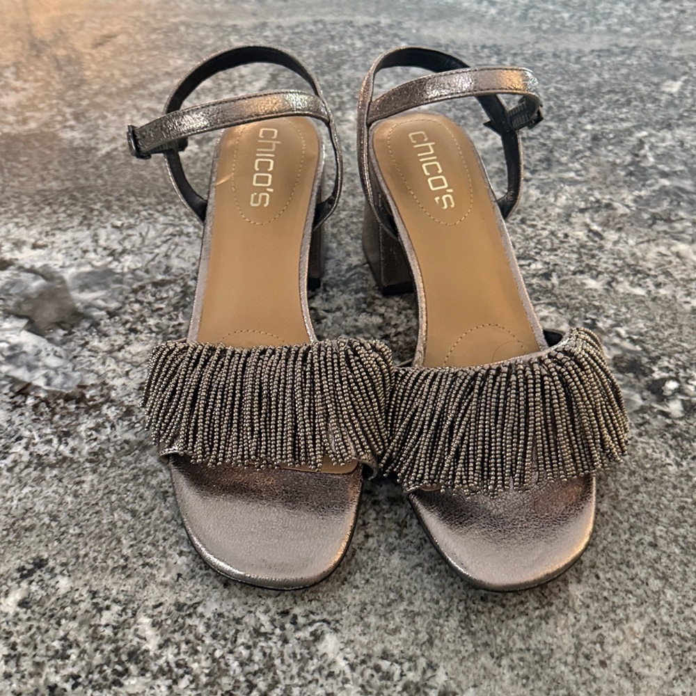 Chico’s pewter beaded strappy heel sandals size 6 old money NEW $159 - Picture 2 of 11